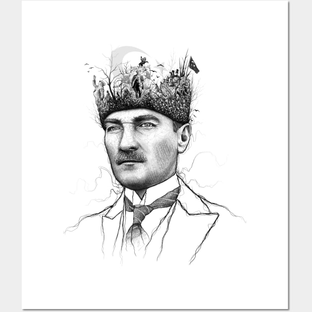 Mustafa Kemal Ataturk Drawing President of Turkey. Collage Illustration with Important Moments. Wall Art by ilhnklv